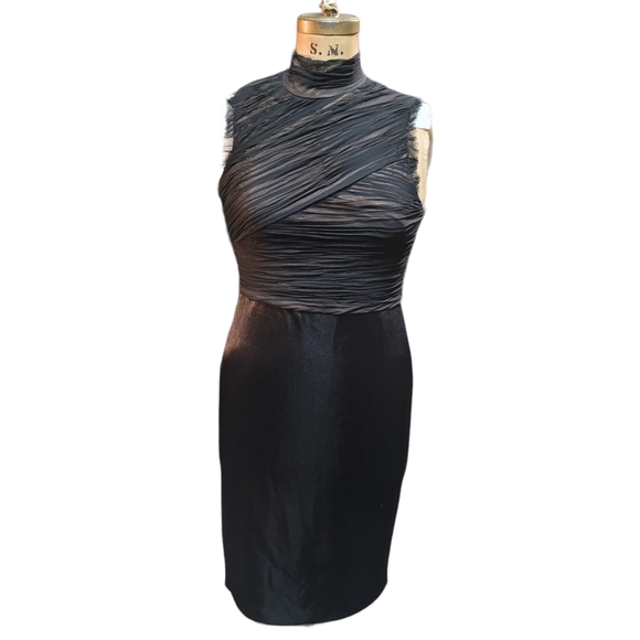 Vera Wang Black Nude Silk Chiffon Mock Neck Ruched Sheath Dress Size 12 - Picture 7 of 10